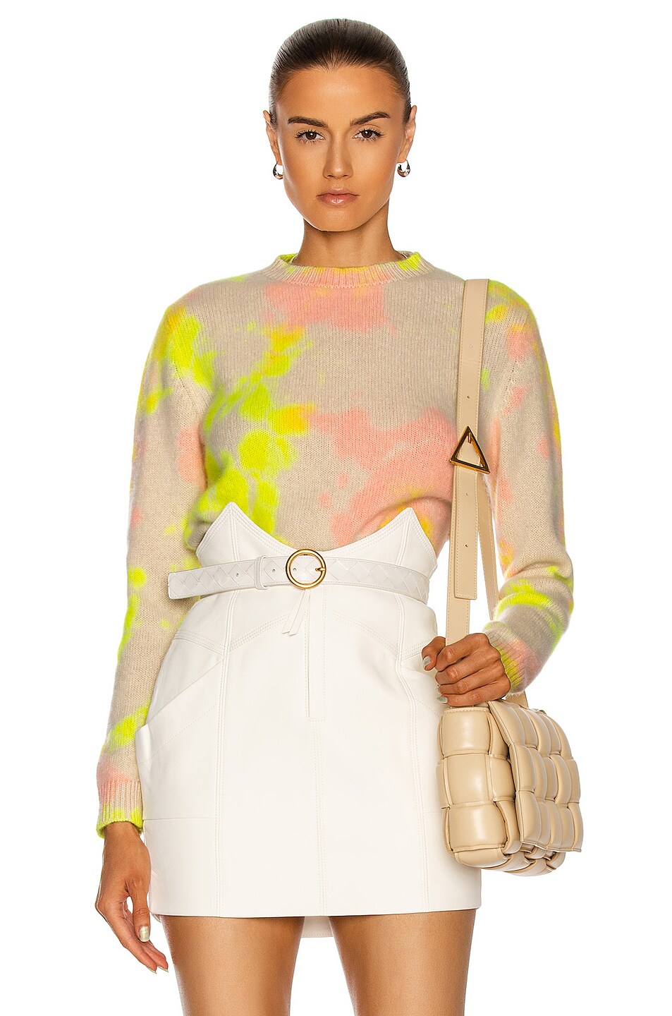 Image 1 of The Elder Statesman Hot Dye Simple Crop Crew Sweater in Ivory, Neon Yellow & Pink