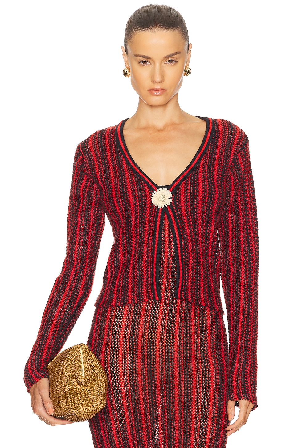 Stripe Floral Open Cardigan in Red