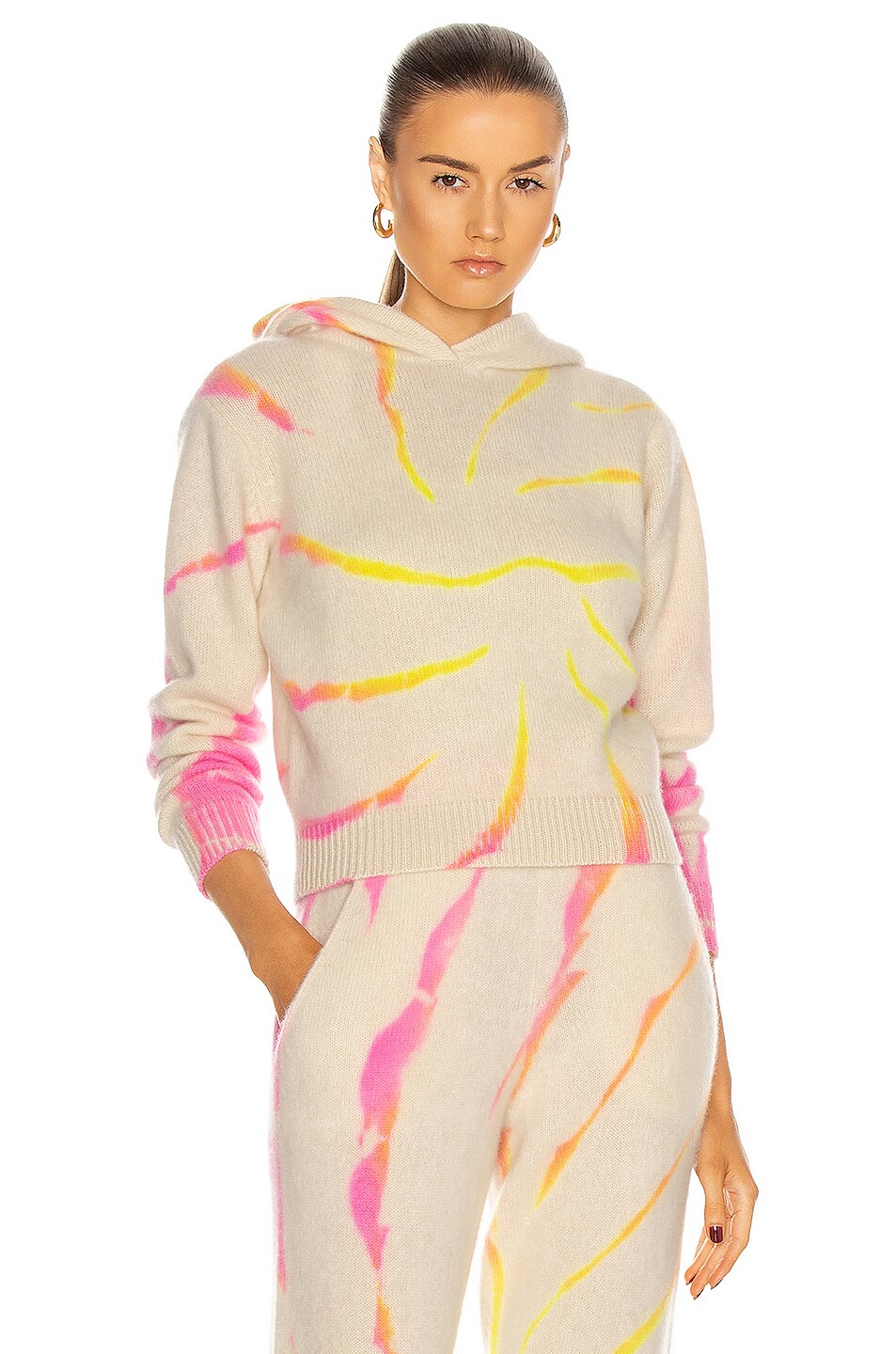 Image 1 of The Elder Statesman Cyclone Crop Pullover Hoodie in Ivory, Neon Yellow & Pink