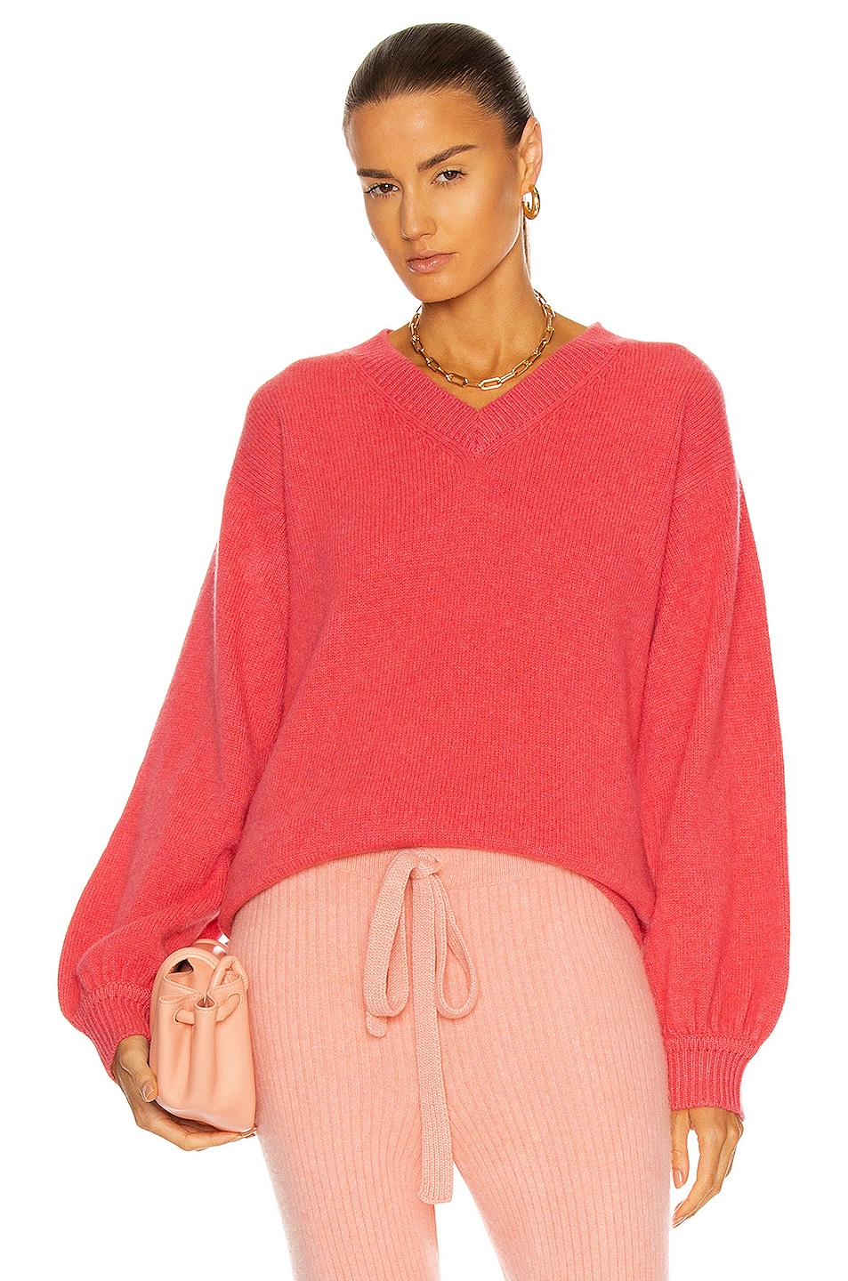 Image 1 of The Elder Statesman Cashmere Carla V Neck Sweater in Hibiscus