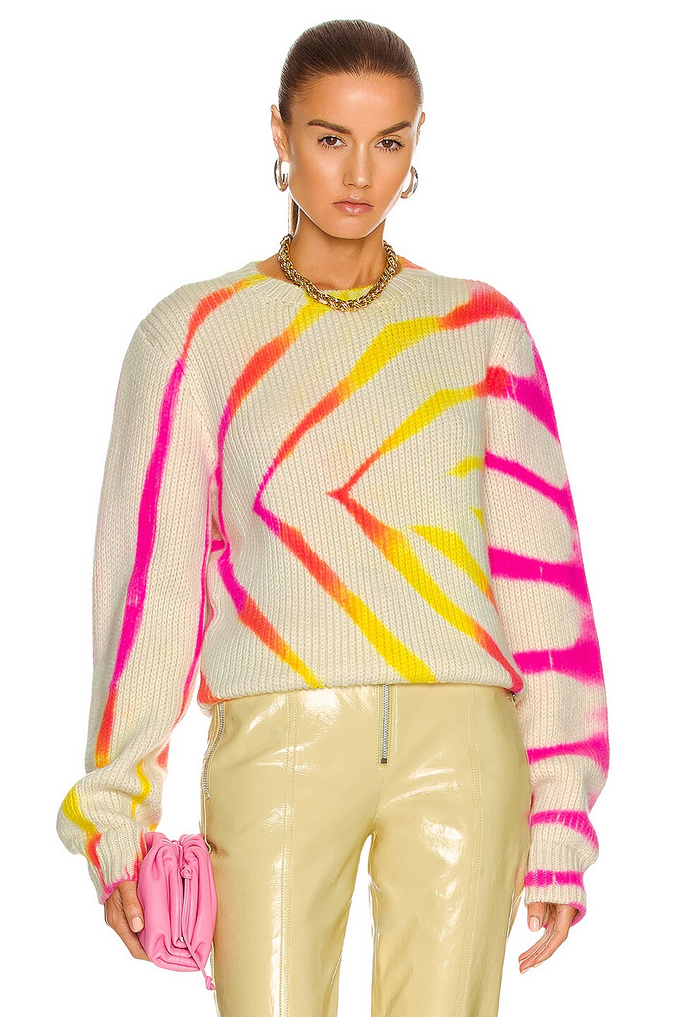 Image 1 of The Elder Statesman Chunky Rib Cashmere Crew Sweater in Ivory, Neon Pink, Tangelo & New Yellow
