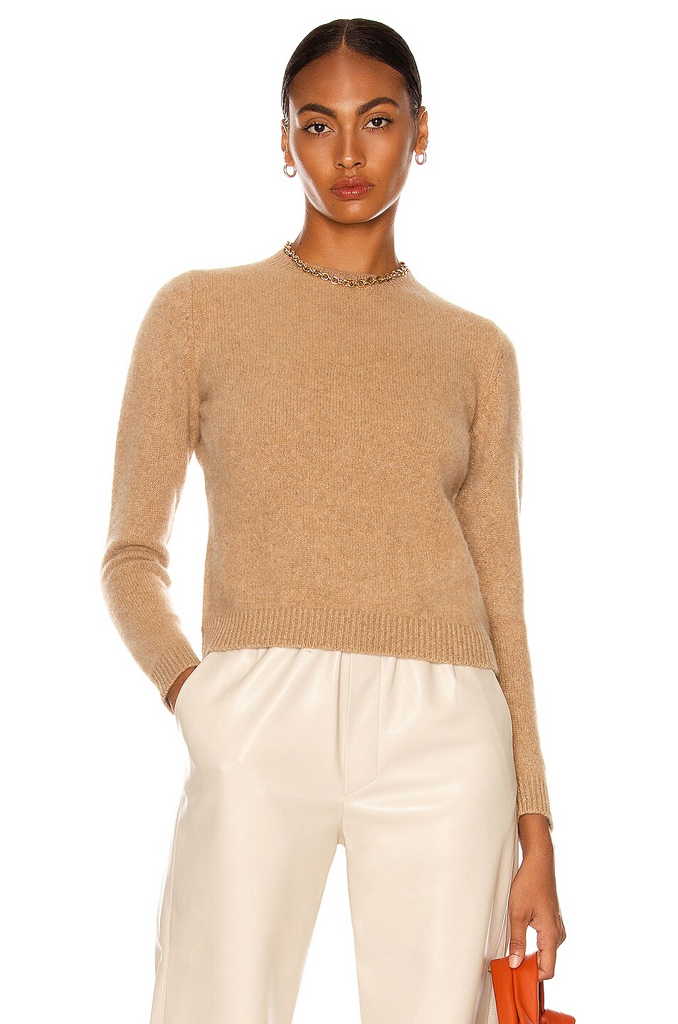 Image 1 of The Elder Statesman Cashmere Simple Crop Crew Sweater in Camel