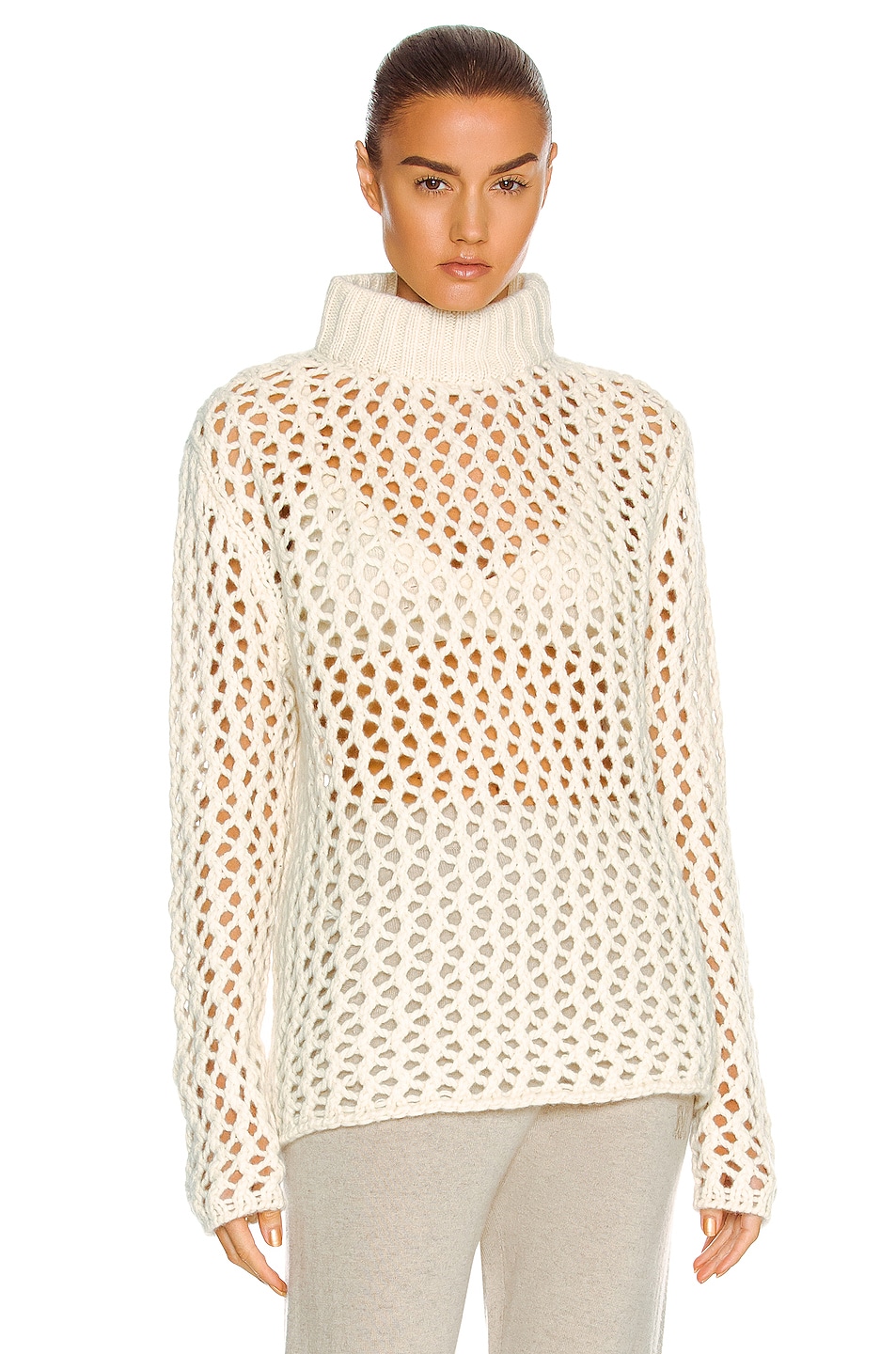 Image 1 of The Elder Statesman Cross Net Cashmere Turtleneck Sweater in Ivory
