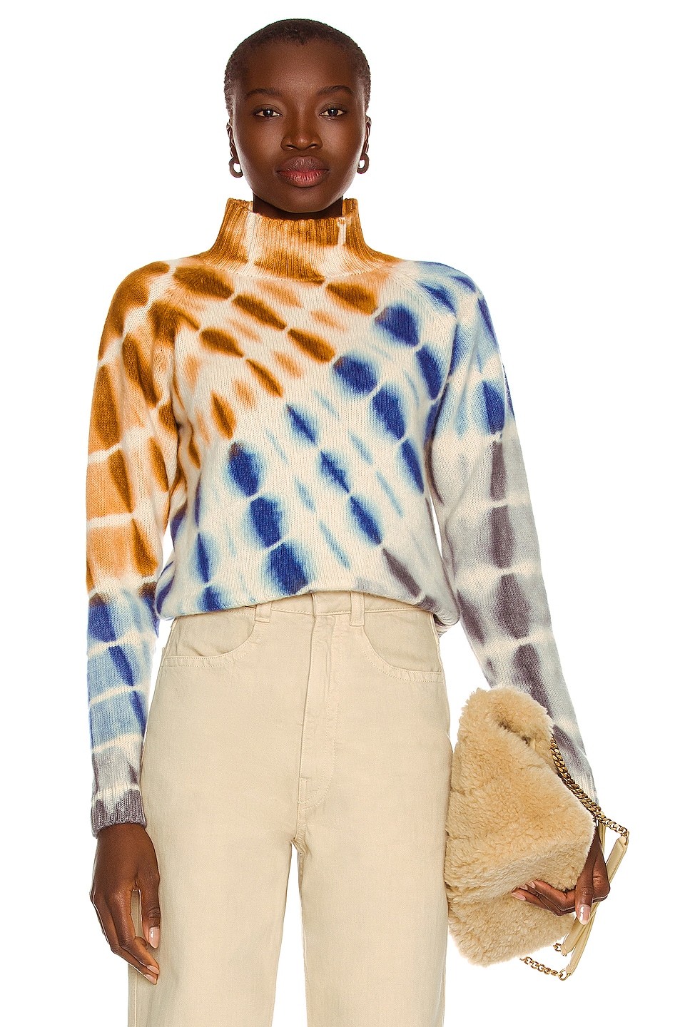Image 1 of The Elder Statesman Radiate Highland Cashmere Crop Sweater in Ivory, Blue, Camel & Light Green