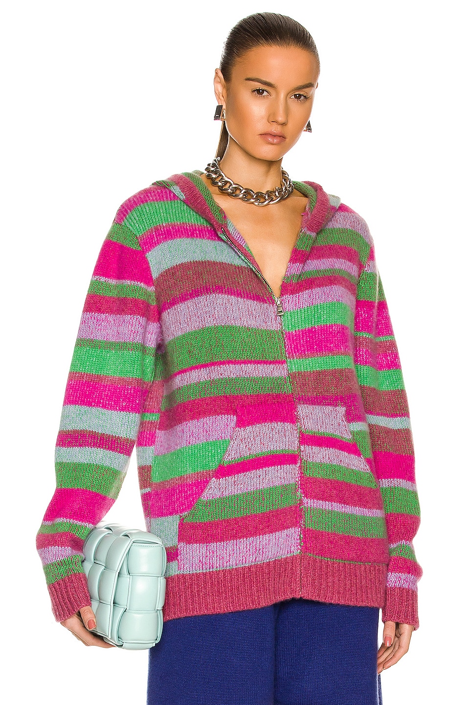 Image 1 of The Elder Statesman Stripe Super Soft Zip Hoodie in Gecko, Electric Pink, & Multi