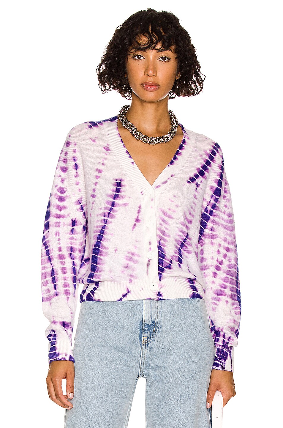 Image 1 of The Elder Statesman Ripple Cardigan in White & Orchid