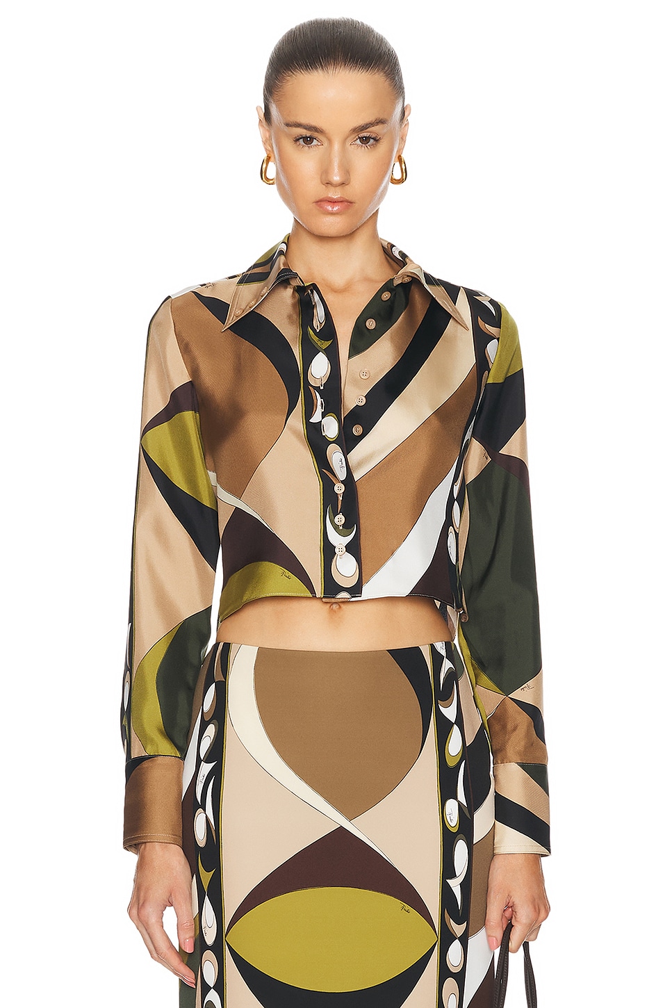 Image 1 of Emilio Pucci Crop Button Up Top in Khaki & Muschio