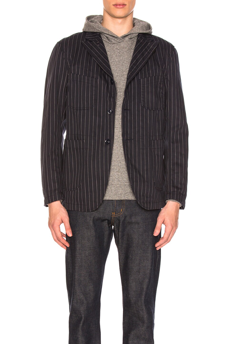Image 1 of Engineered Garments Gangster Stripe Bedford Jacket in Dark Navy & Grey