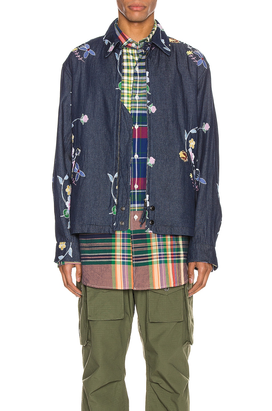 Image 1 of Engineered Garments Claigton Jacket in Indigo Denim Floral Embroidery