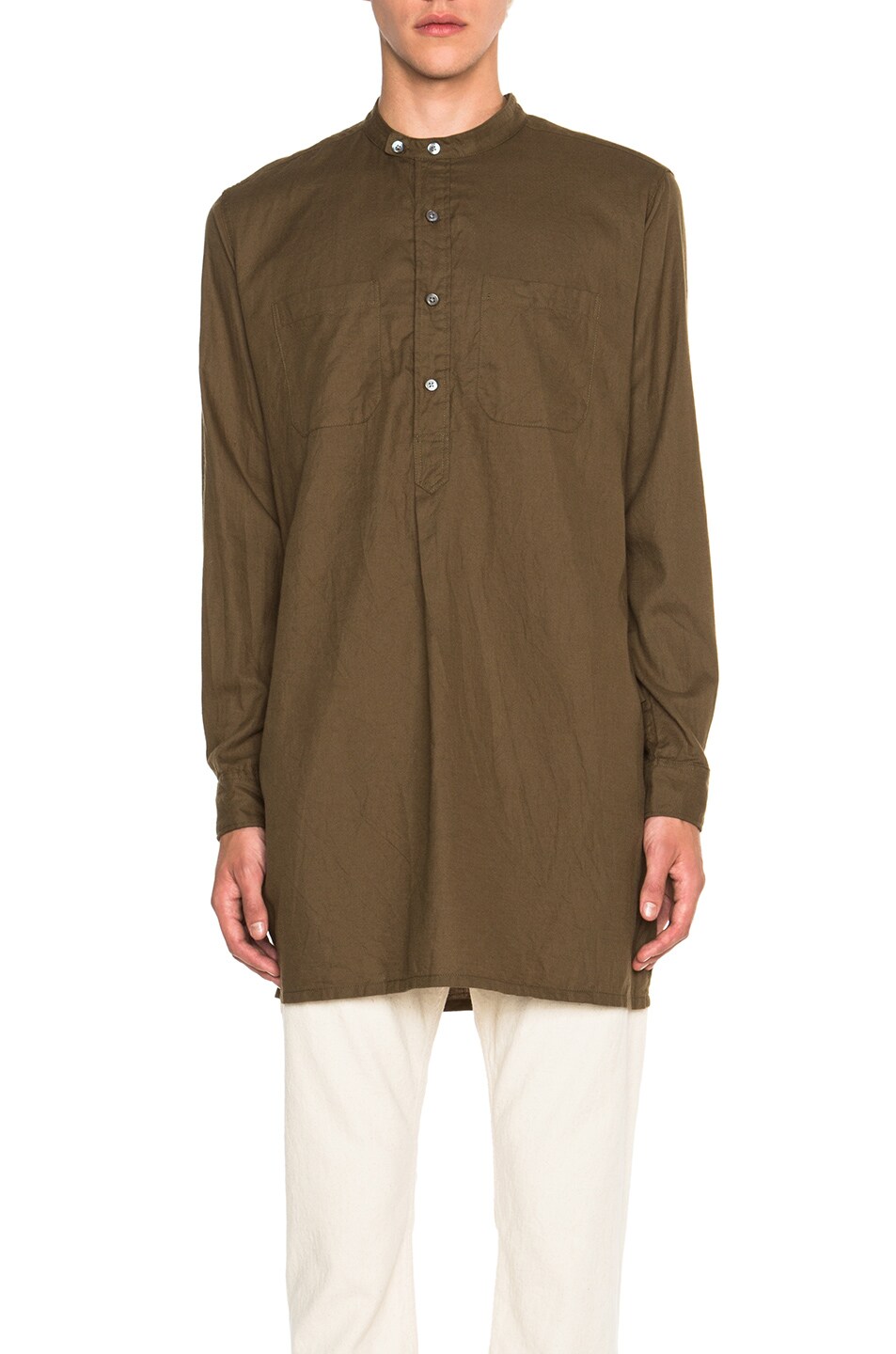 Image 1 of Engineered Garments Banded Brushed Twill Long Collar Button Up in Olive