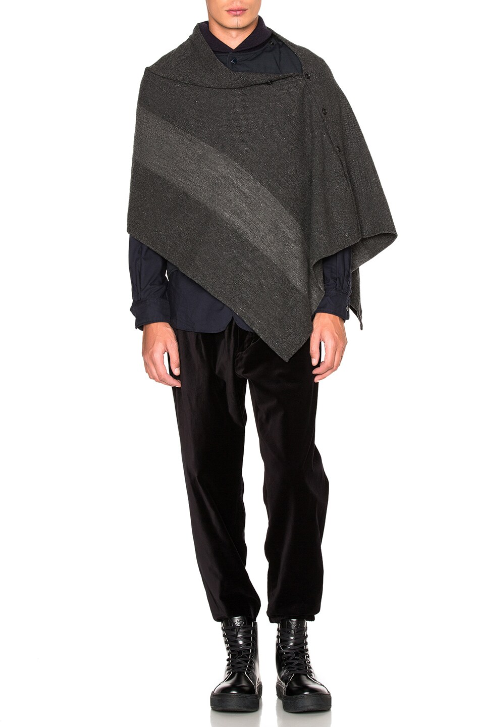 Image 1 of Engineered Garments 2 Tone Herringbone Button Shawl in Grey