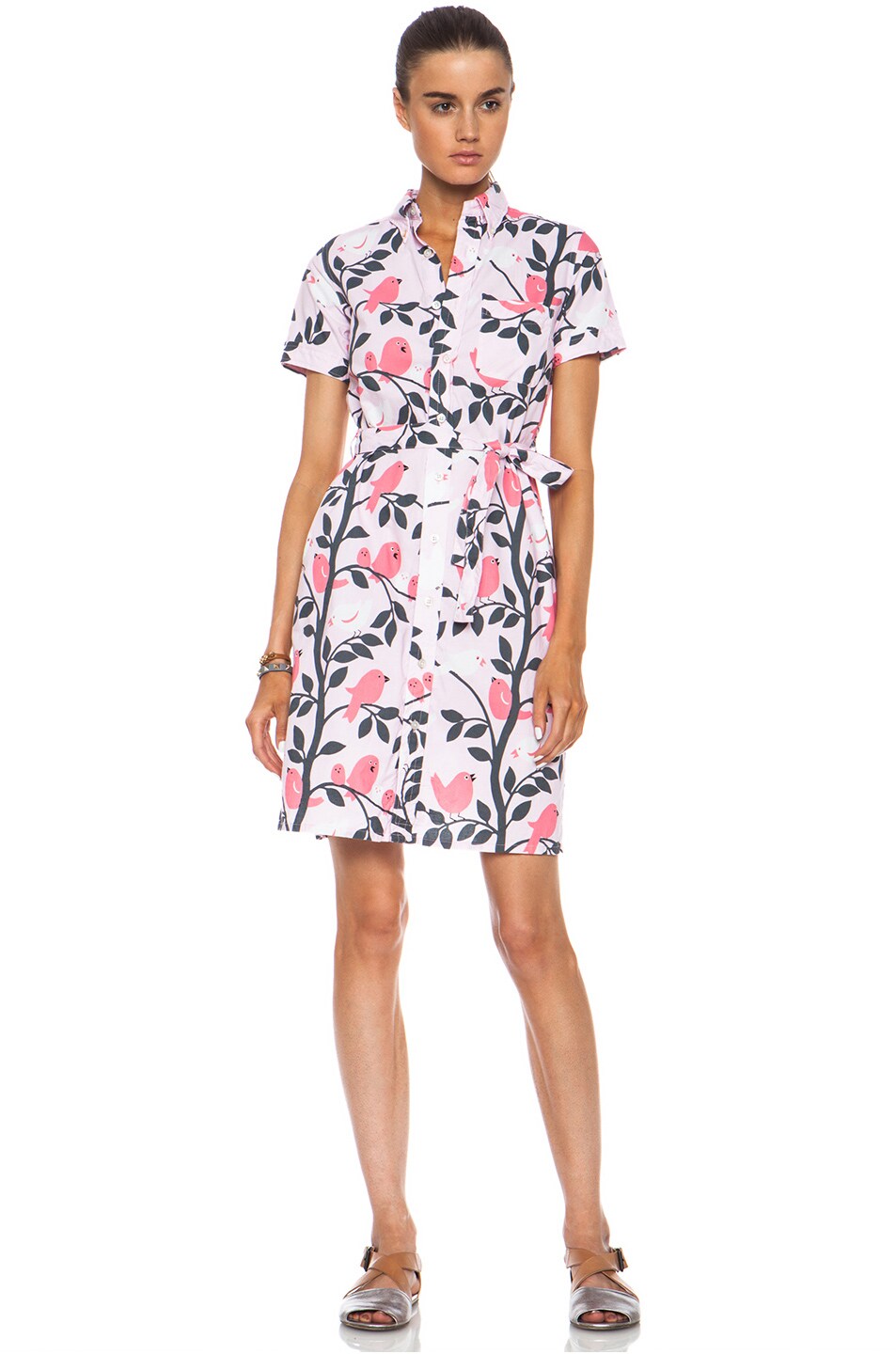 Image 1 of Engineered Garments Tree and Bird Print Button Down Dress in Pink