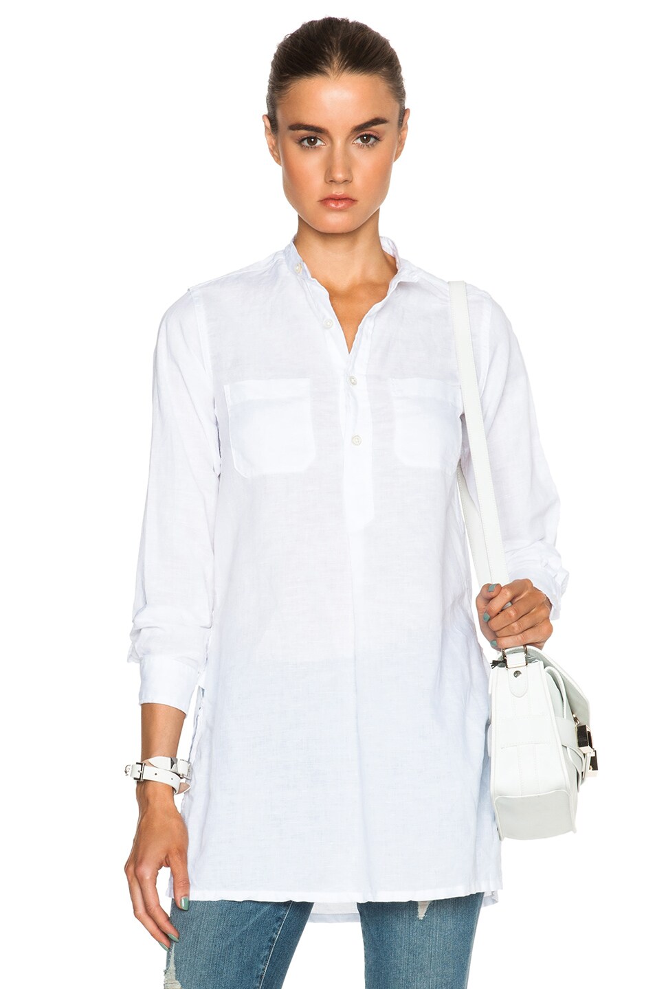 Engineered Garments Cotton Linen Banded Collar Shirt Dress in White | FWRD