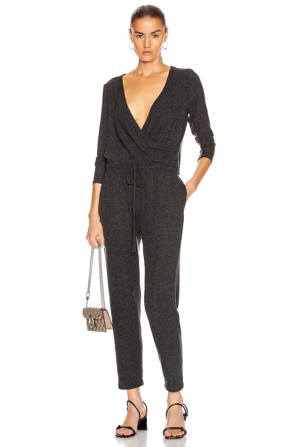 Image 1 of Enza Costa Peached Jersey Wrap Front Jumpsuit in Charcoal