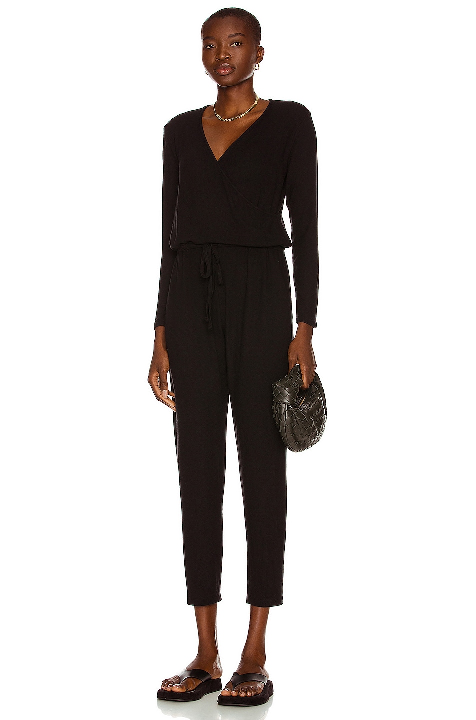 Image 1 of Enza Costa Peached Jersey Long Sleeve Wrap Jumpsuit in Black