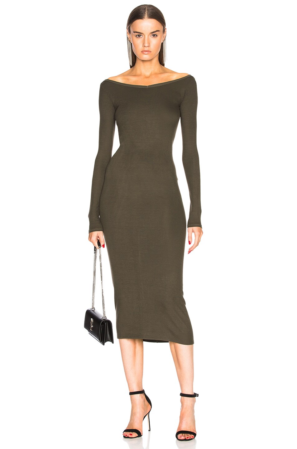 Image 1 of Enza Costa Rib Wide V Neck Dress in Olive Drab