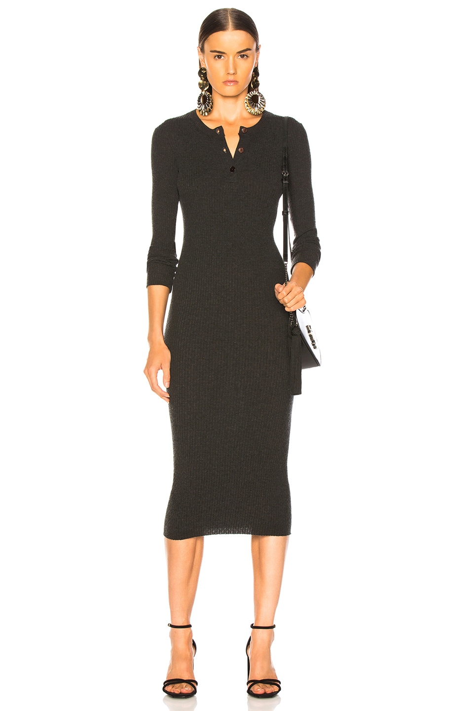 Image 1 of Enza Costa Cashmere Long Sleeve Henley Midi Dress in Charcoal