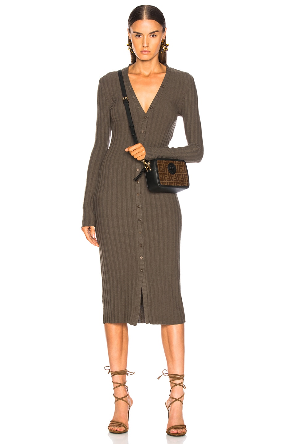 Enza Costa Rib Long Sleeve V Cardigan Midi Dress in Olive Drab | FWRD