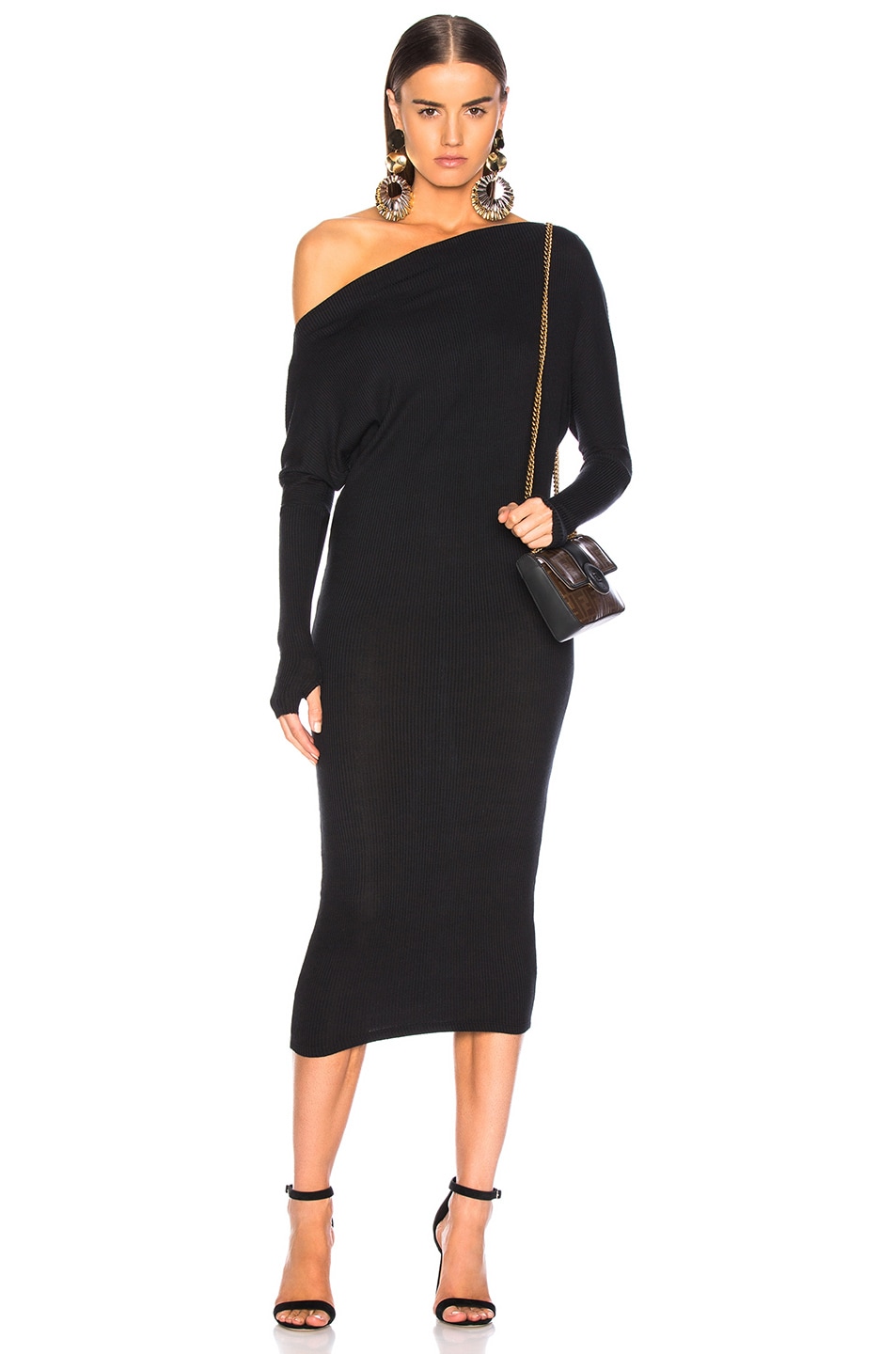 Image 1 of Enza Costa Rib Exposed Shoulder Midi Dress in Black