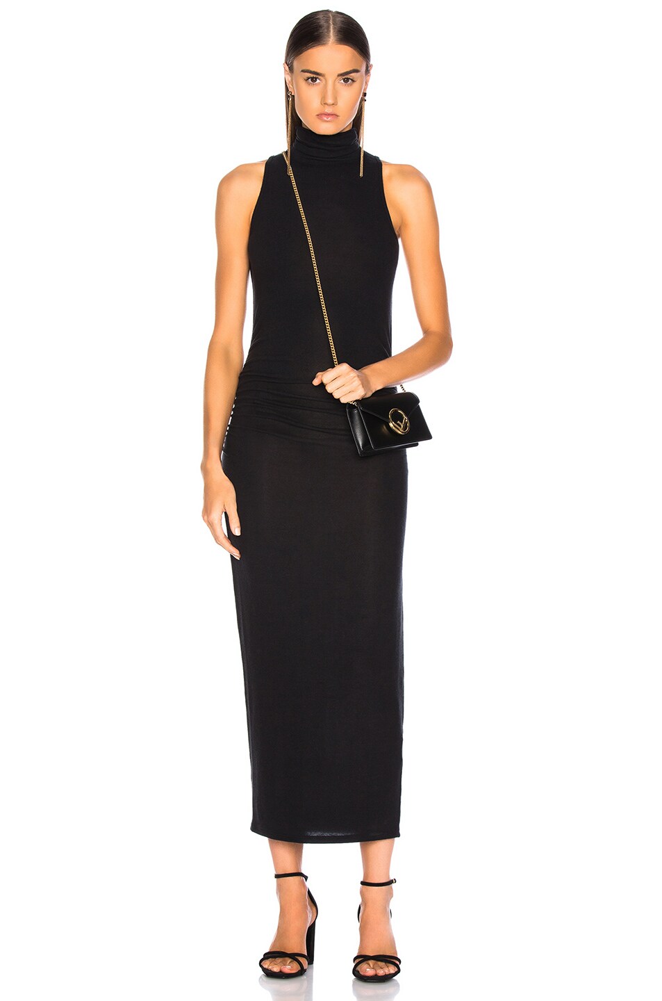Image 1 of Enza Costa Sleeveless Side Ruched Turtleneck Midi Dress in Black