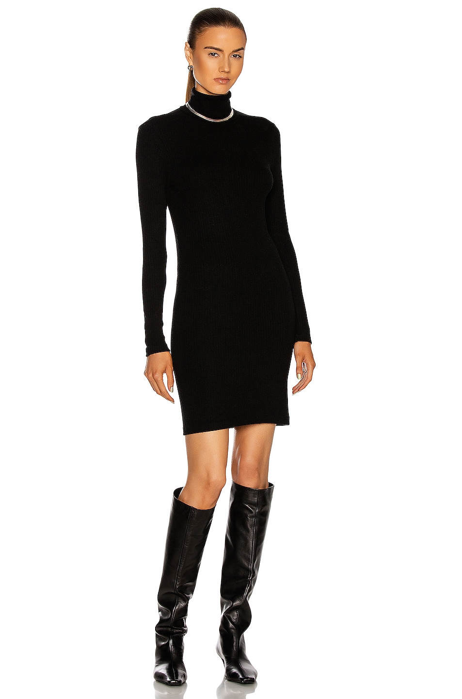 Image 1 of Enza Costa Tencel Cashmere Rib Long Sleeve Zip Turtleneck Mini Dress in Black