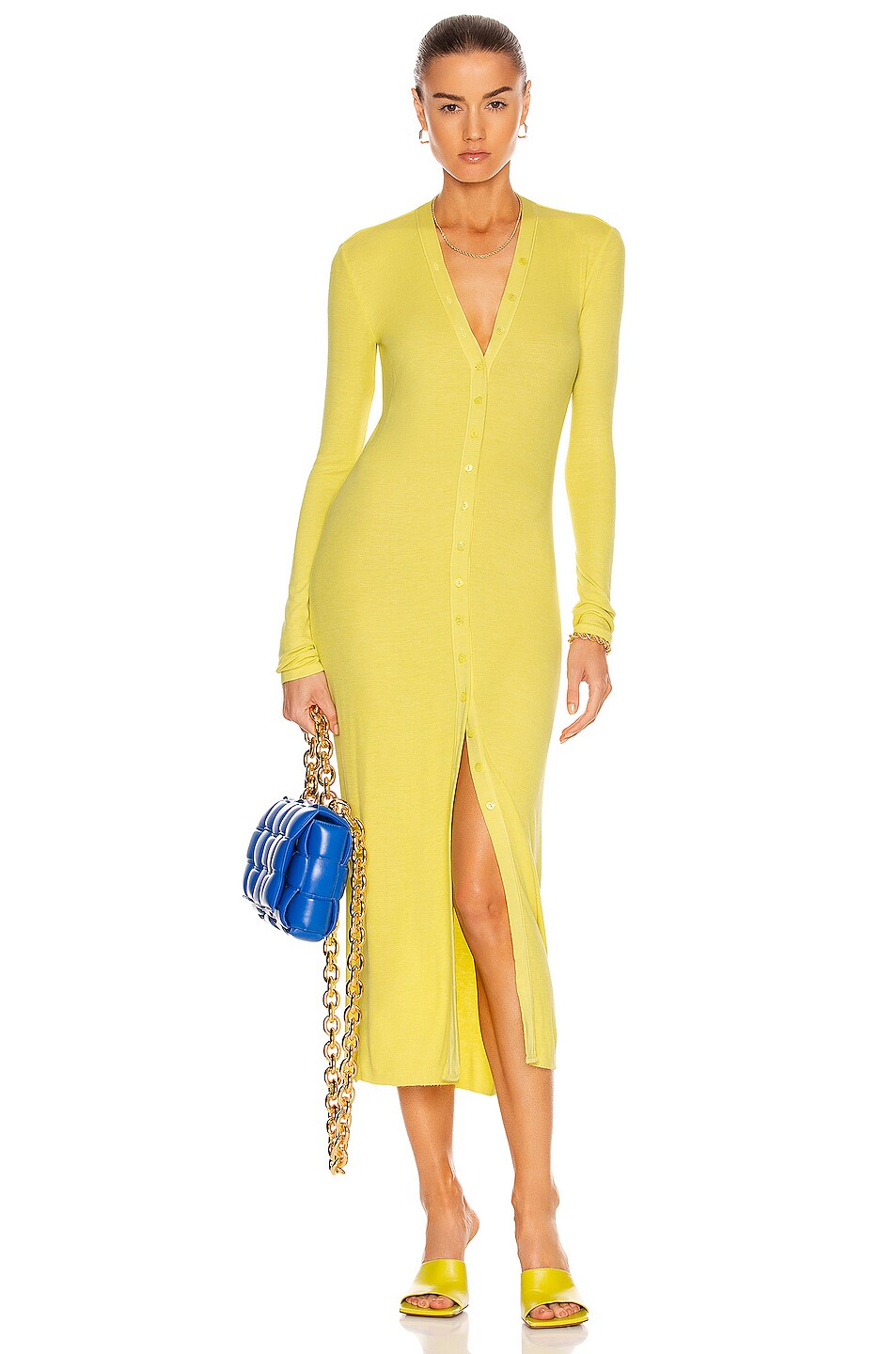 Image 1 of Enza Costa Silk Rib Cardigan Midi Dress in Citron
