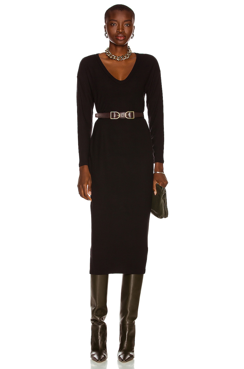 Image 1 of Enza Costa Peached Jersey Long Sleeve U-Neck Slouch Dress in Black