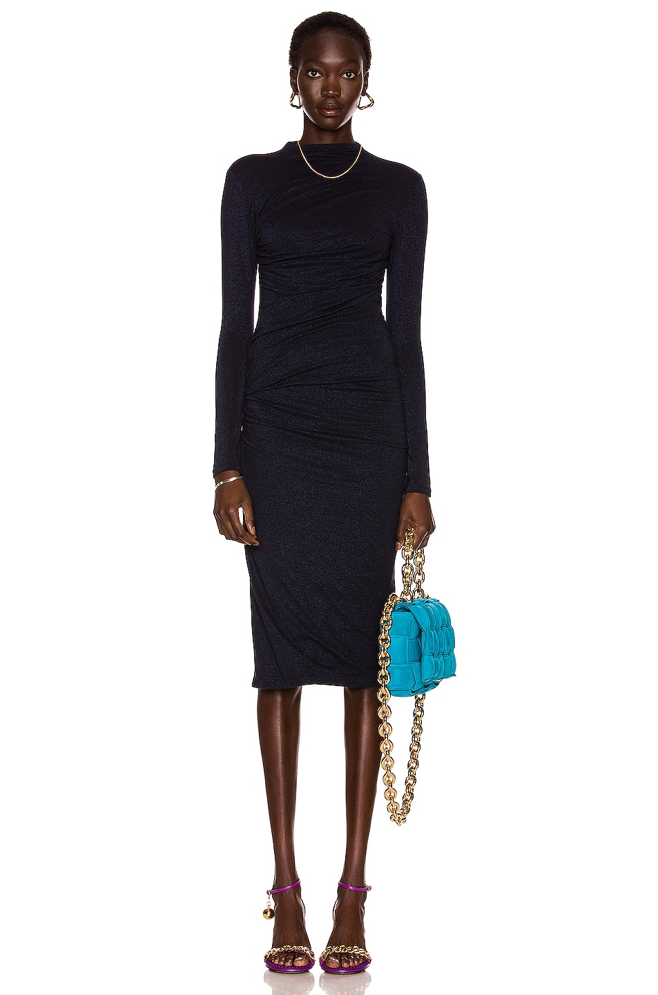 Image 1 of Enza Costa Lurex Jersey Twist Midi Dress in Dark Sapphire