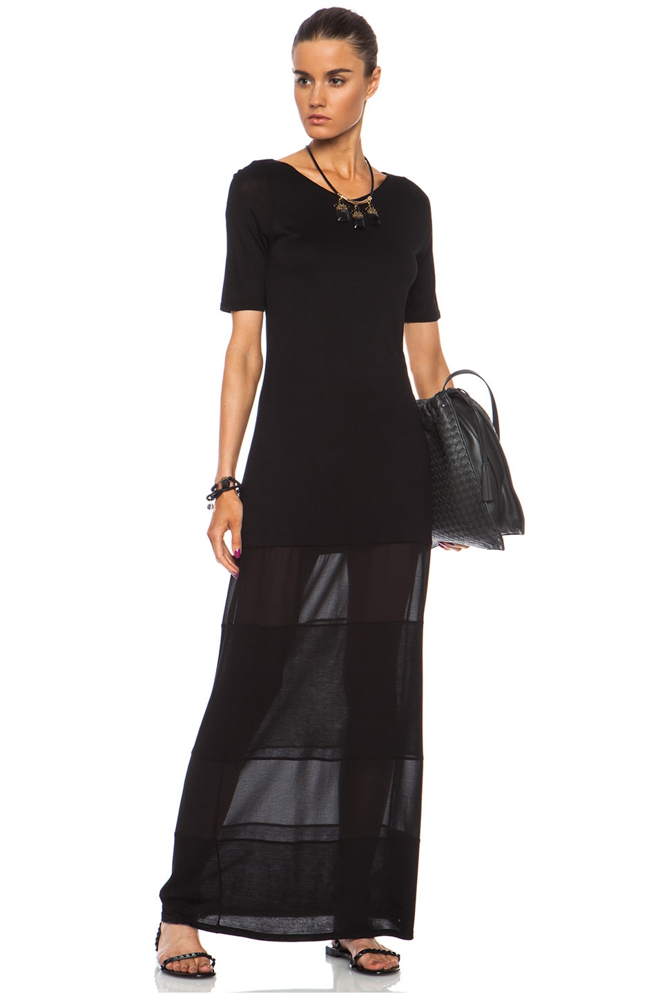 Image 1 of Enza Costa Chiffon Panel Viscose Dress in Black