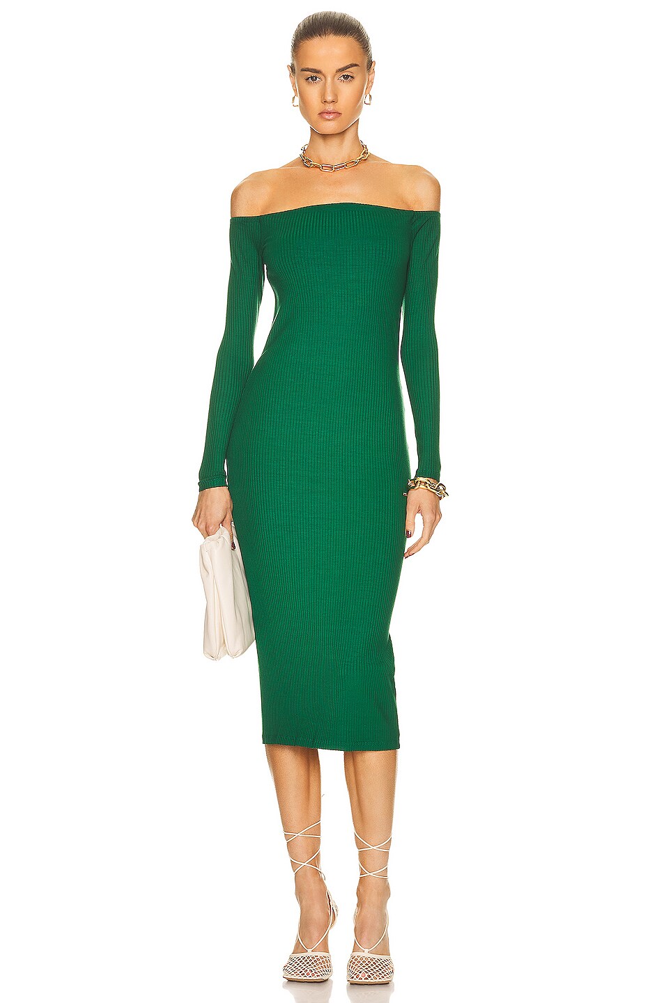 Image 1 of Enza Costa A Coste Off The Shoulder Long Sleeve Dress in Dark Emerald