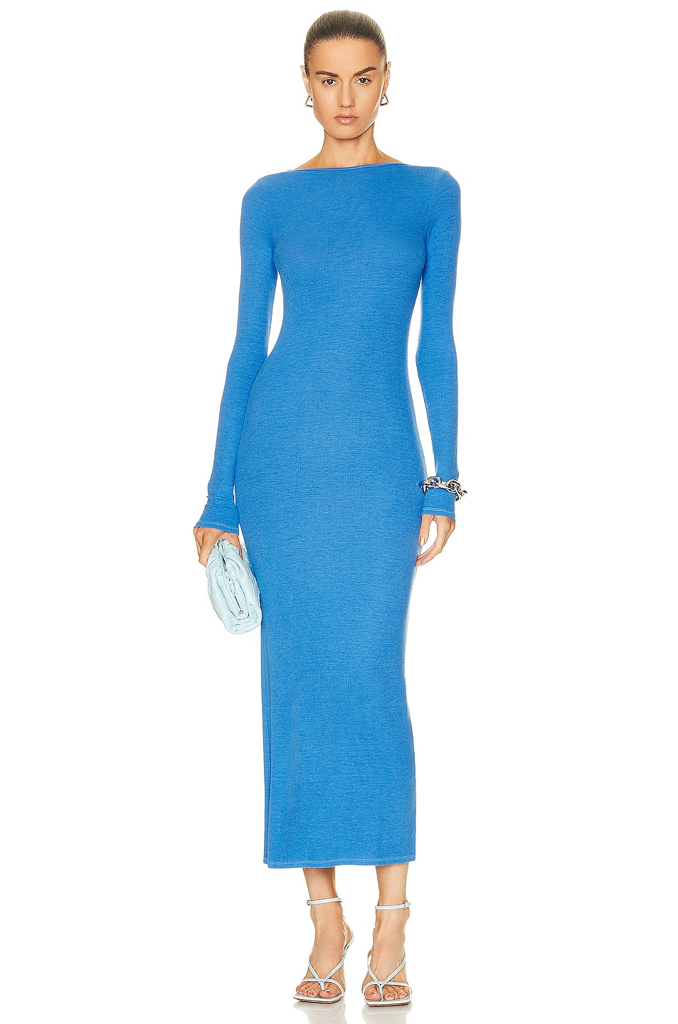 Image 1 of Enza Costa Silk Knit Long Sleeve Scoop Back Dress in Tranquil Blue