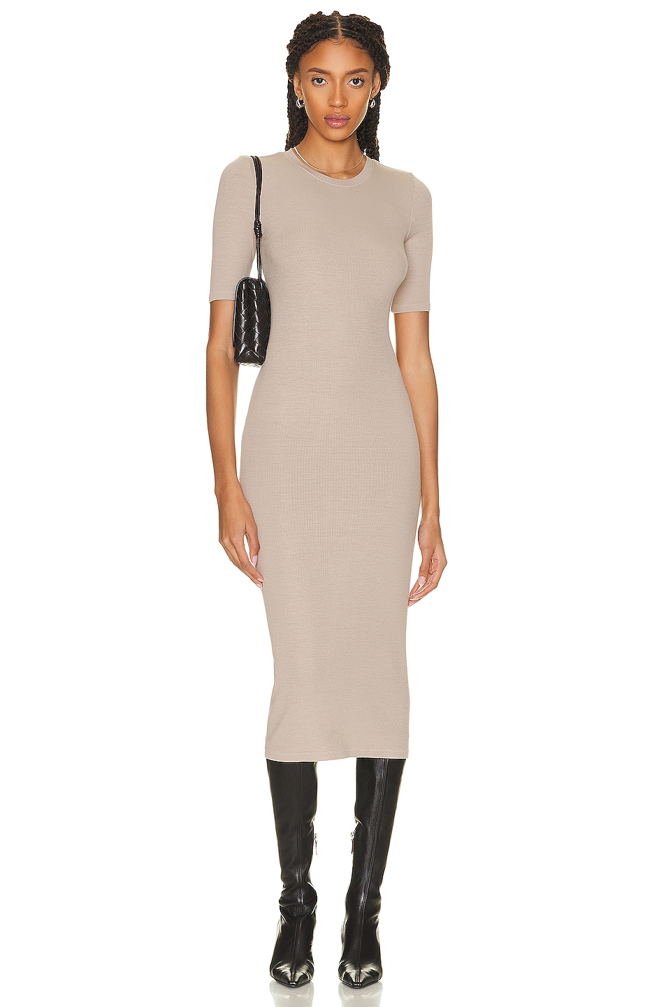 knee length dresses for ladies Silk Rib Half Sleeve Midi Dress