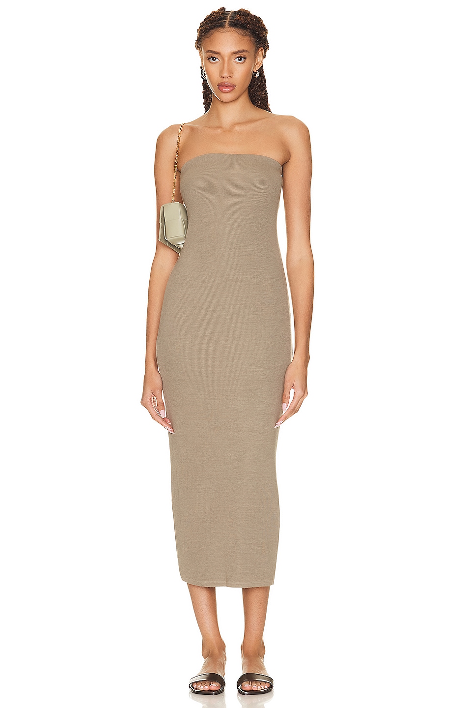 Image 1 of Enza Costa Silk Rib Strapless Midi Dress in Olive Oil