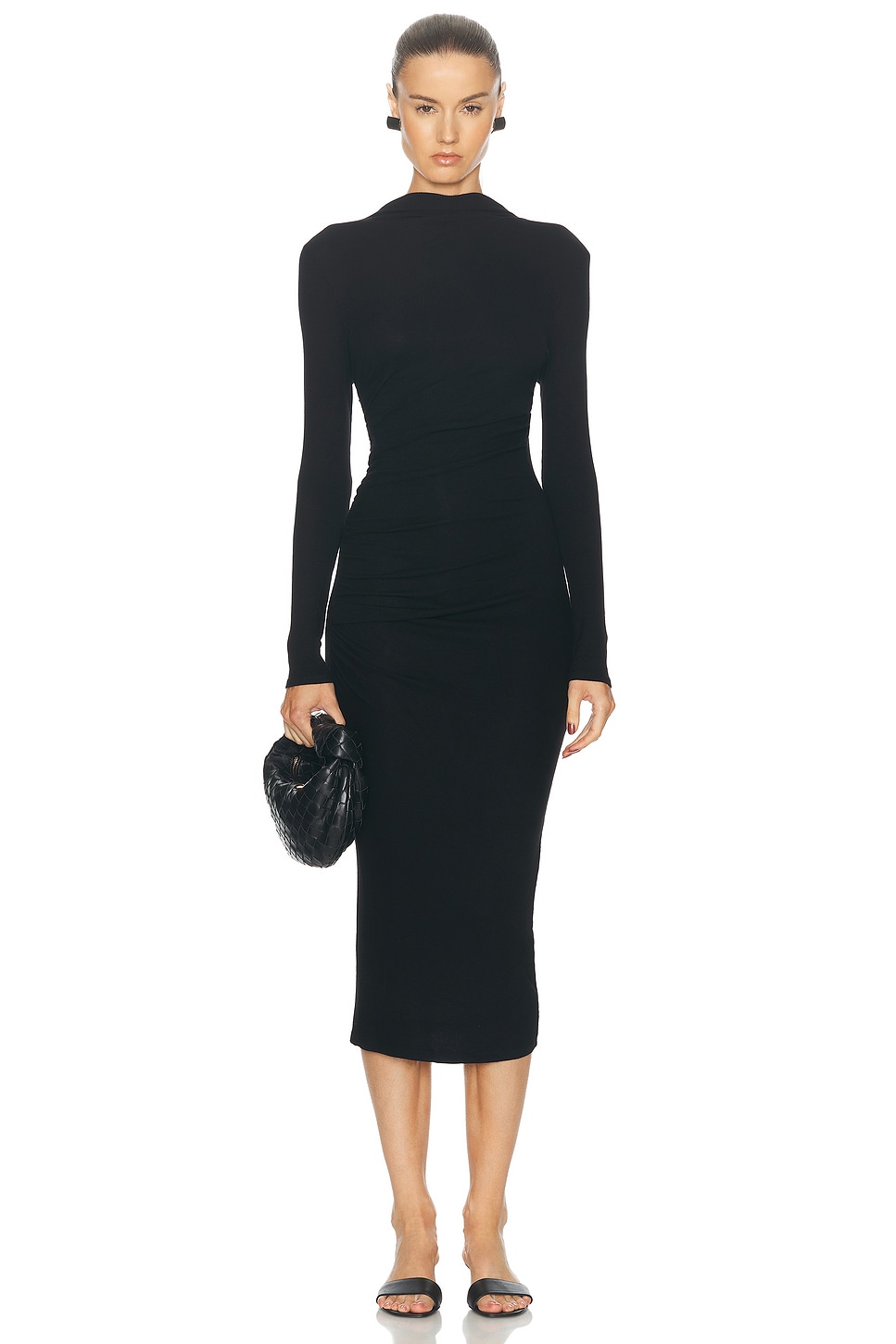 Image 1 of Enza Costa Silk Knit Longsleeve Twist Midi Dress in Black