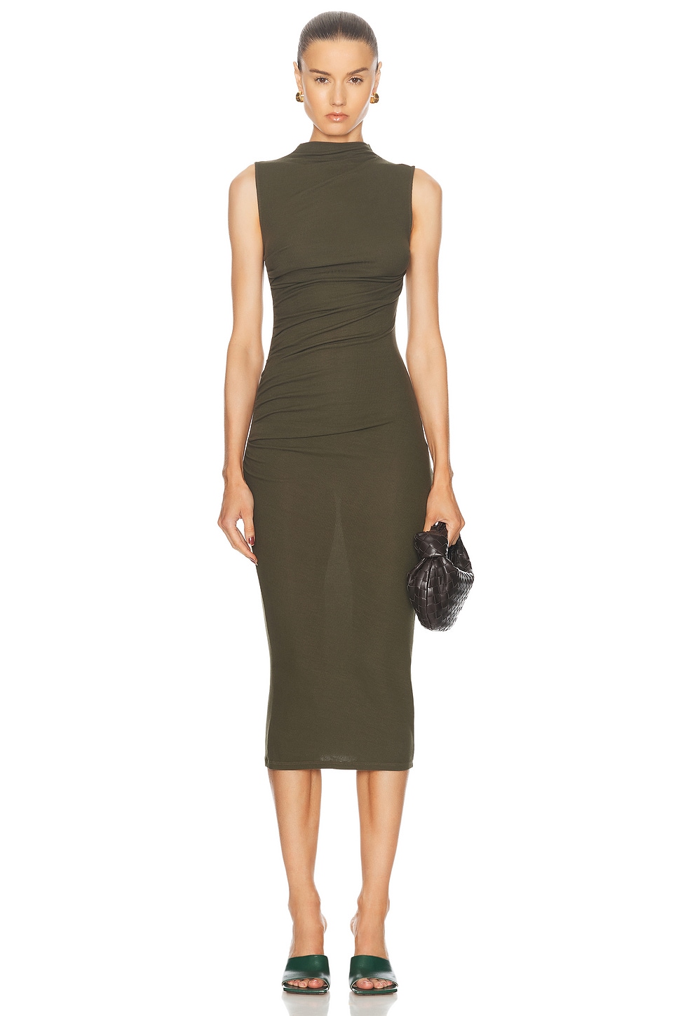 Image 1 of Enza Costa Silk Knit Sleeveless Twist Midi Dress in Army Green