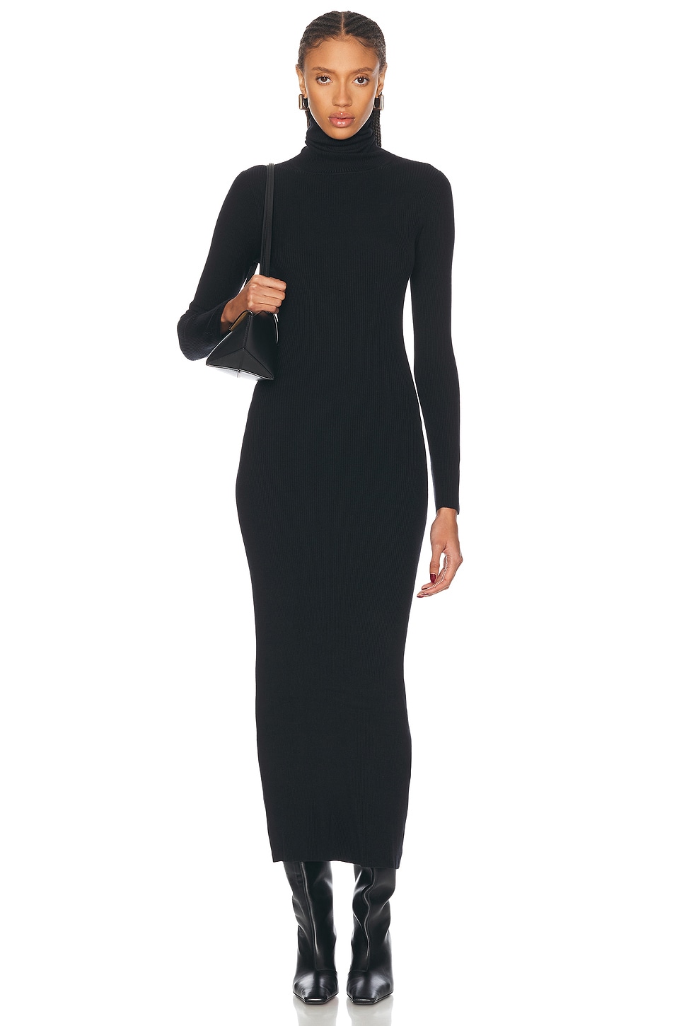 Silk Sweater Rib Ankle Turtleneck Dress in Black