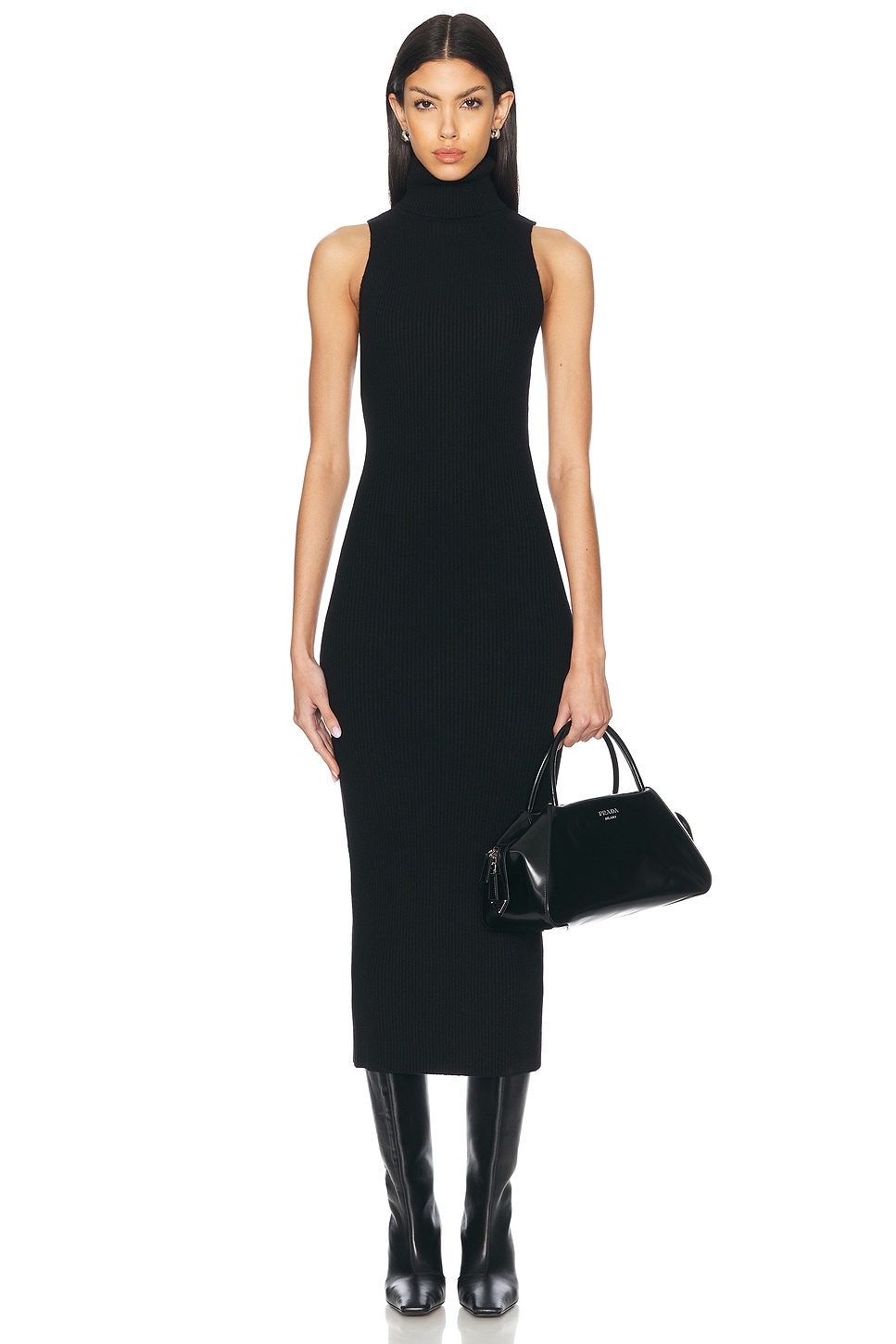 Rib Sleeveless Turtleneck Sweater Dress in Black