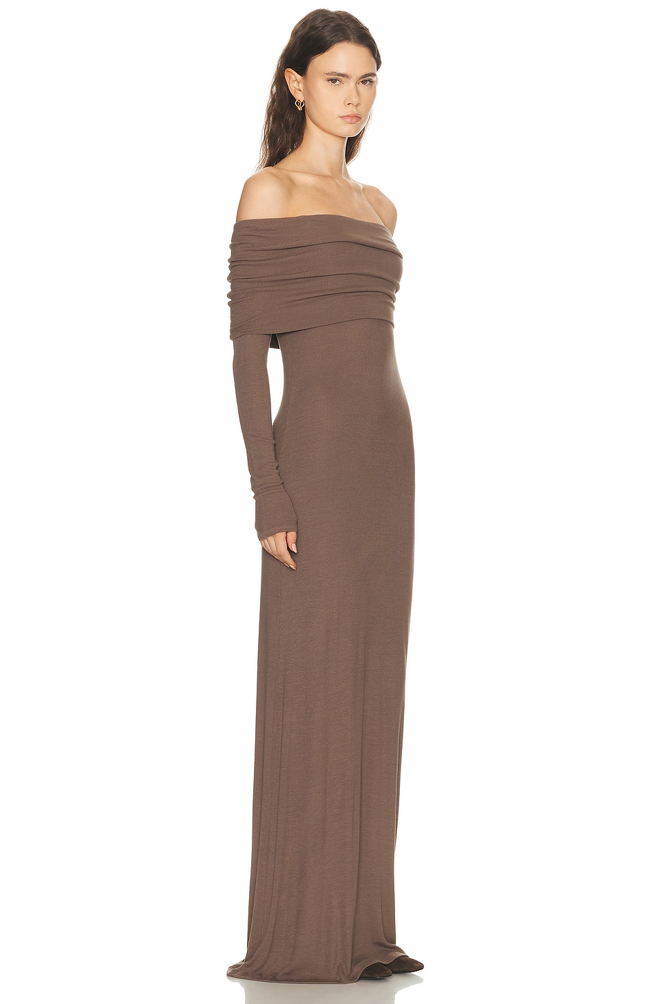 Enza Costa Silk Rib Off Shoulder Fluid Dress In Brown