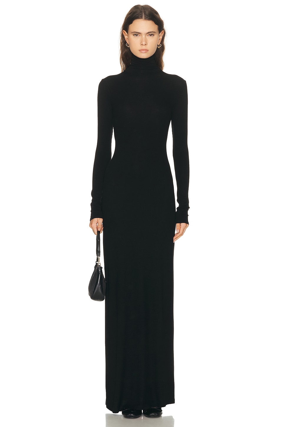 Image 1 of Enza Costa Silk Rib Fluid Turtleneck Dress in Black