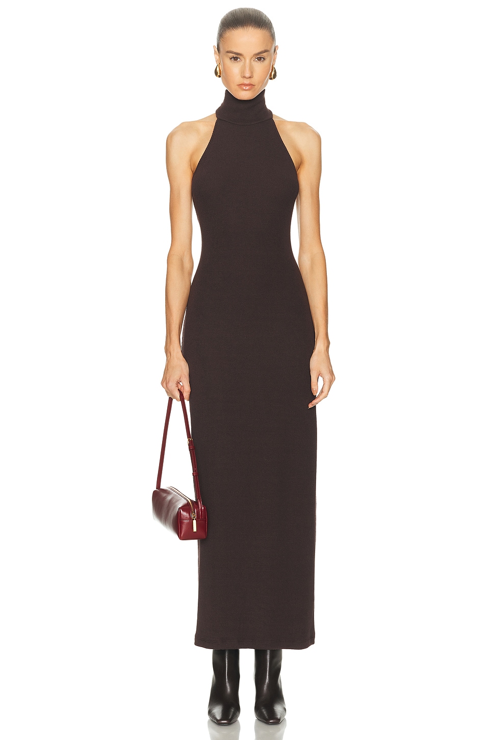 Image 1 of Enza Costa Knit Halter Turtleneck Fluid Dress in Bitter Brown