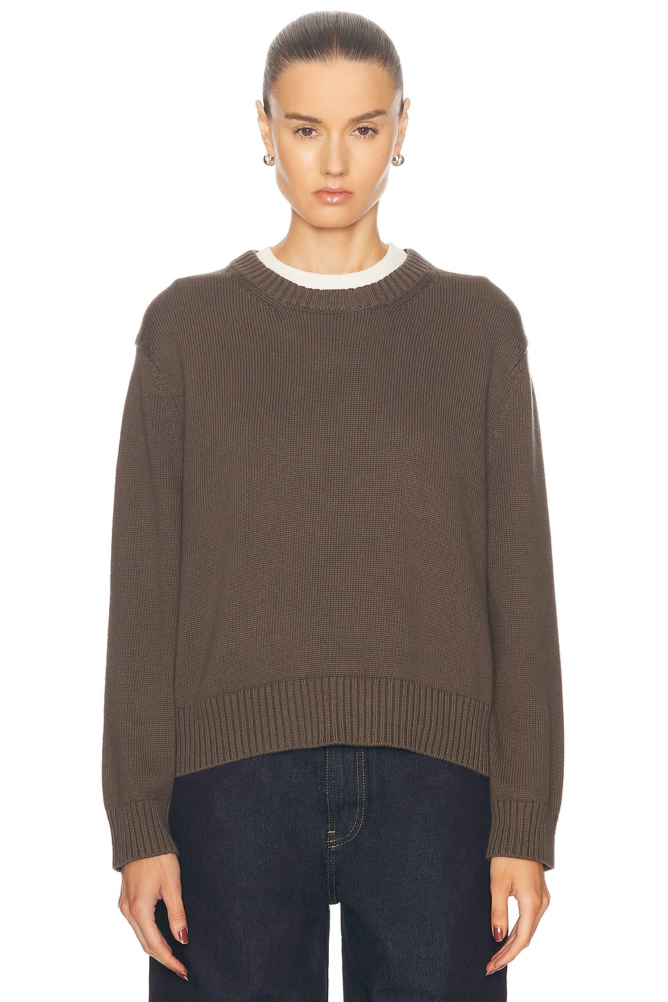 Image 1 of Enza Costa Cashmere Cotton Long Sleeve Crewneck Sweater in Fatigue