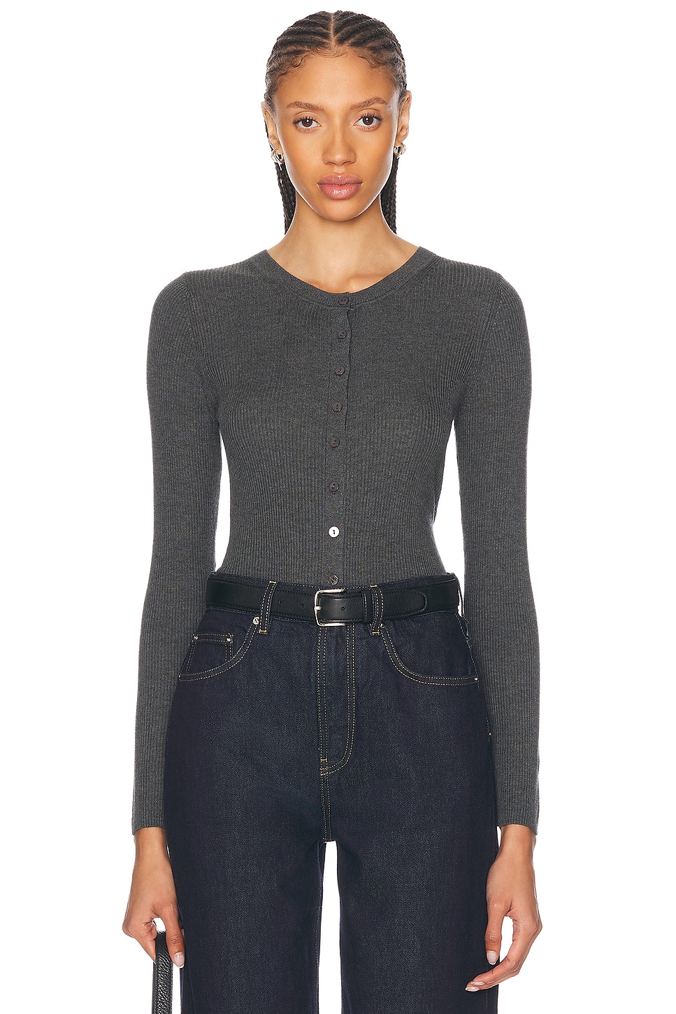 Image 1 of Enza Costa Silk Sweater Rib Fitted Longsleeve Cardigan in Heather Charcoal