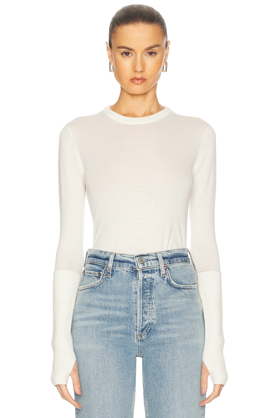 Fitted Cuffed Long Sleeve Crewneck Sweater in Ivory