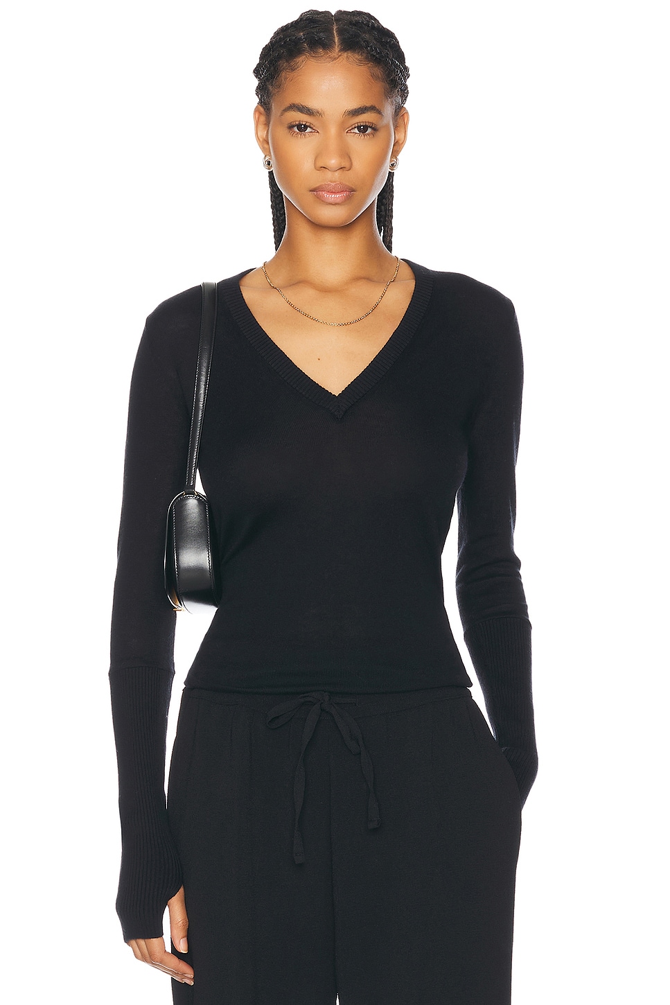 Fitted Cuffed Long Sleeve V-Neck Sweater in Black