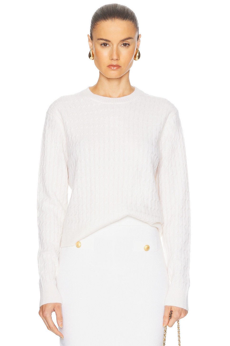 Powder Cashmere Cable Knit Crewneck Sweater in Cream