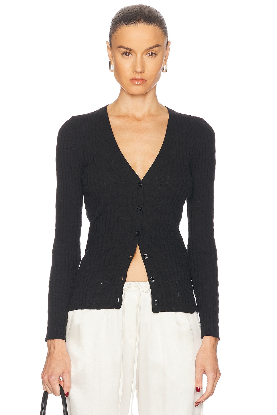 Linen Cotton V-Neck Cardigan in Black