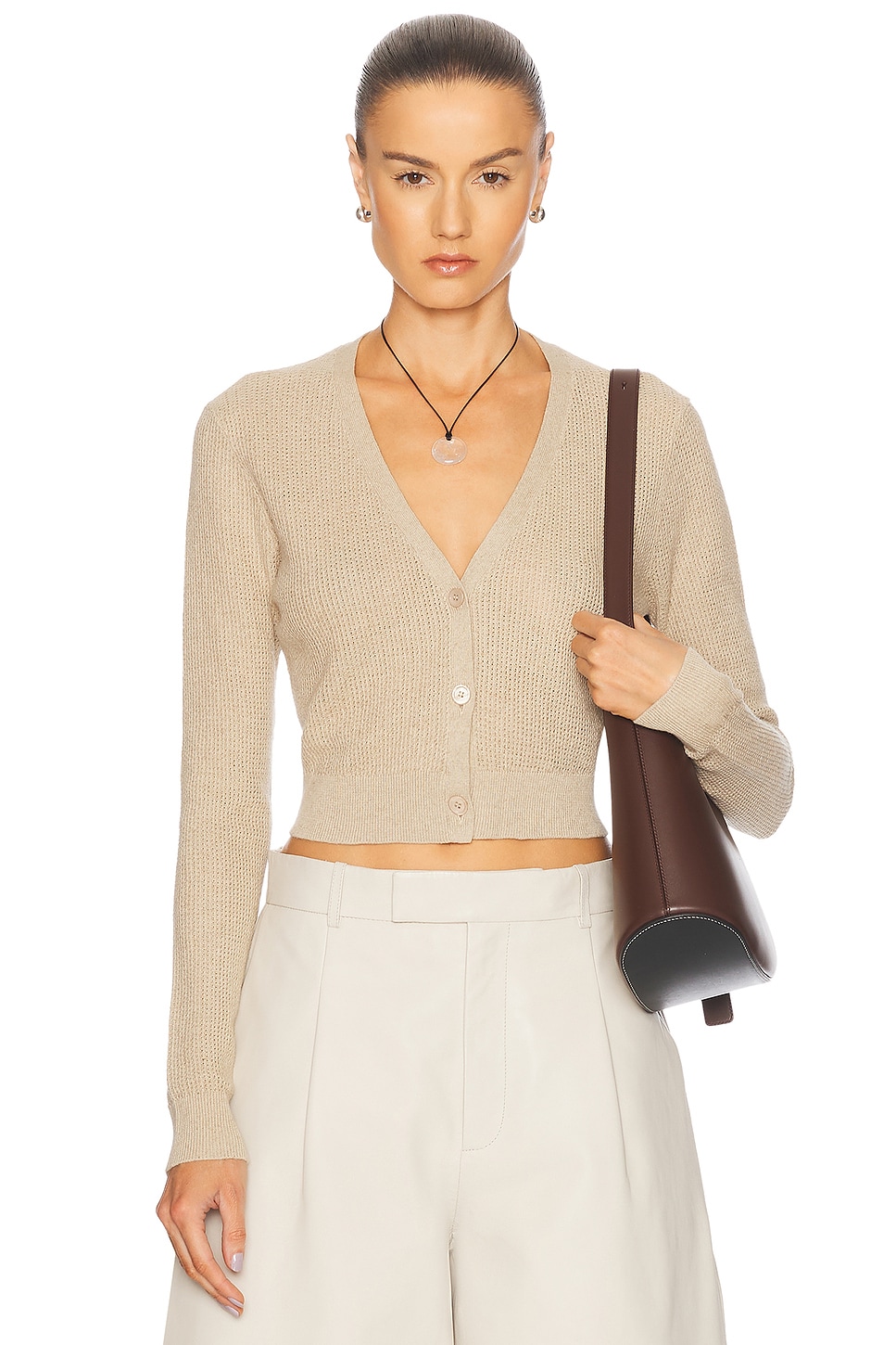Linen Open Knit Cropped V-Neck Cardigan in Beige