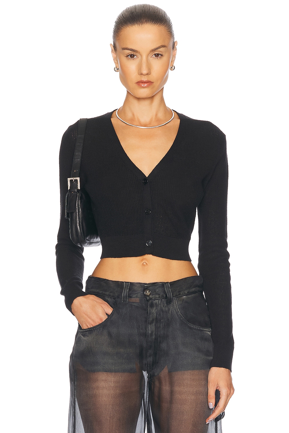 Shop Enza Costa Linen Open Knit Cropped V-neck Cardigan In Black