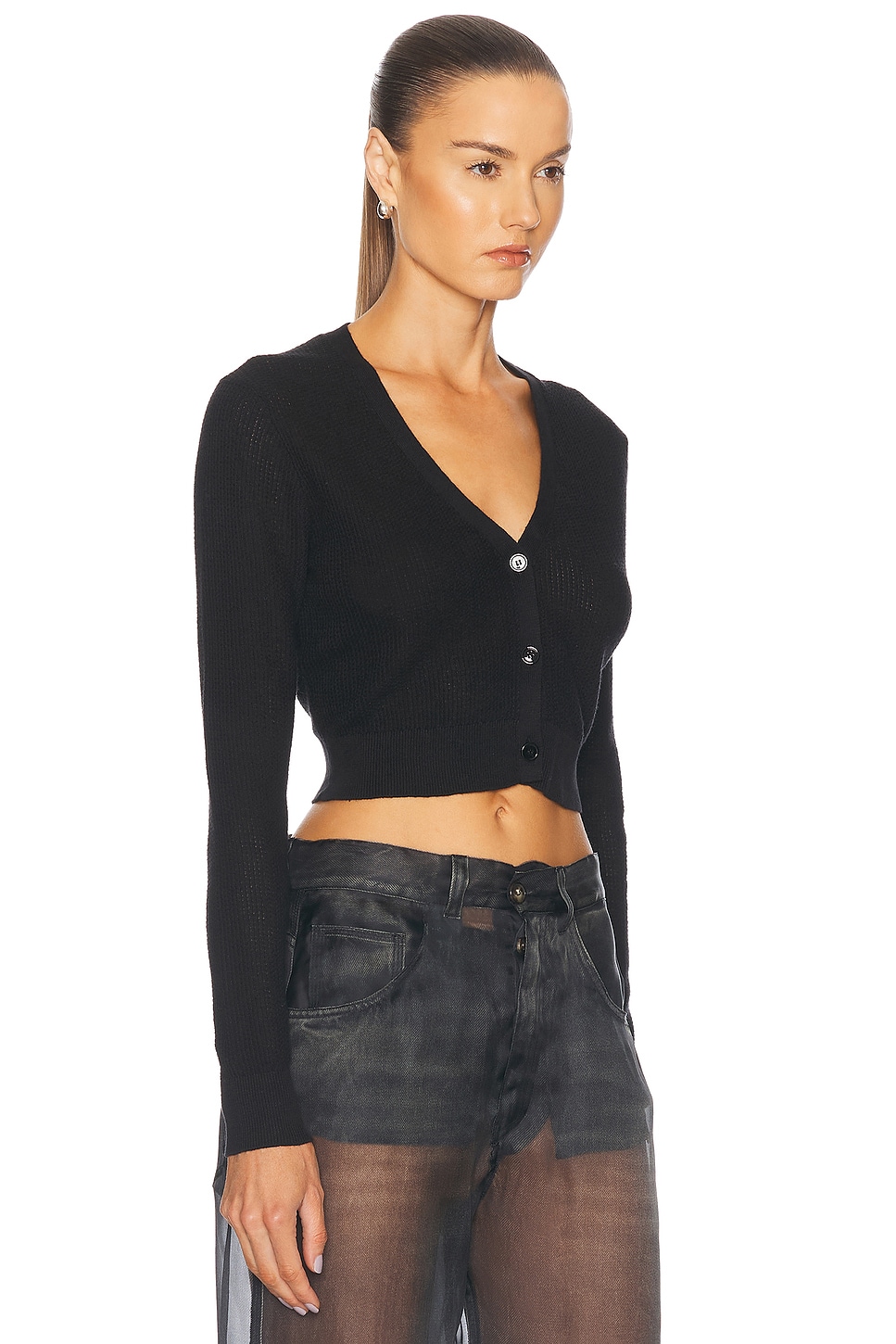 Shop Enza Costa Linen Open Knit Cropped V-neck Cardigan In Black