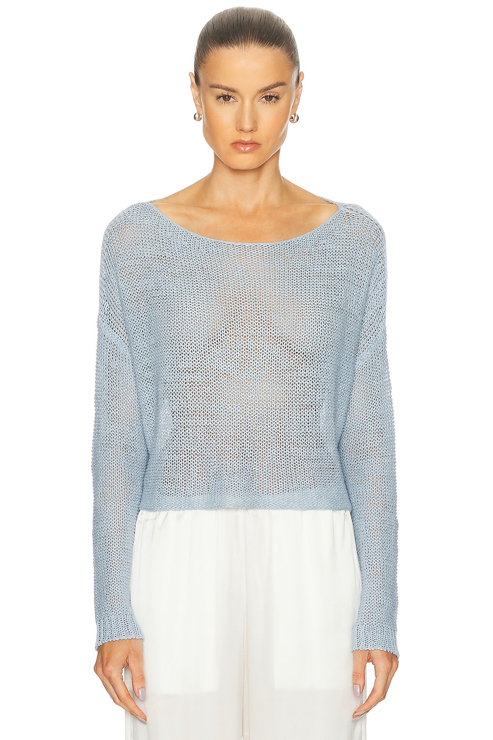 Image 1 of Enza Costa Linen Open Knit Bateau Sweater in Sky